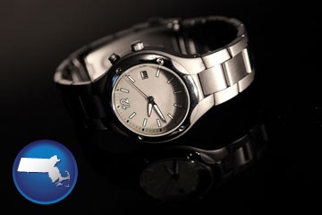 a wristwatch on a black background, with reflection - with Massachusetts icon