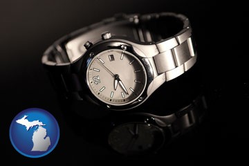 a wristwatch on a black background, with reflection - with Michigan icon