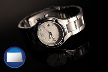 a wristwatch on a black background, with reflection - with North Dakota icon