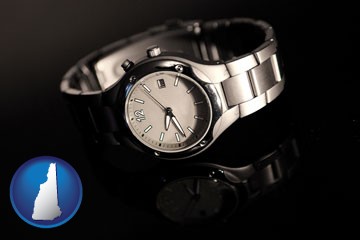 a wristwatch on a black background, with reflection - with New Hampshire icon