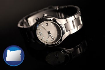 a wristwatch on a black background, with reflection - with Oregon icon