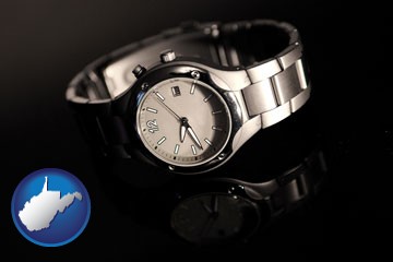 a wristwatch on a black background, with reflection - with West Virginia icon