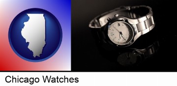 a wristwatch on a black background, with reflection in Chicago, IL