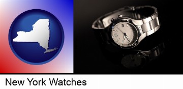 a wristwatch on a black background, with reflection in New York, NY