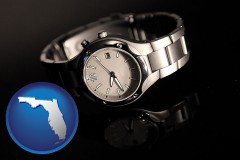 florida map icon and a wristwatch on a black background, with reflection