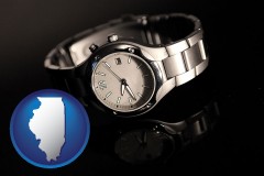 illinois map icon and a wristwatch on a black background, with reflection