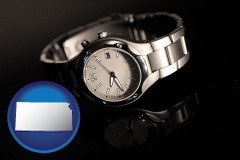 kansas map icon and a wristwatch on a black background, with reflection