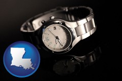 louisiana map icon and a wristwatch on a black background, with reflection