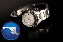 maryland map icon and a wristwatch on a black background, with reflection