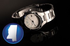 mississippi map icon and a wristwatch on a black background, with reflection