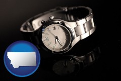 montana map icon and a wristwatch on a black background, with reflection