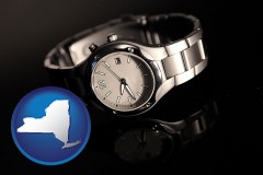 new-york map icon and a wristwatch on a black background, with reflection