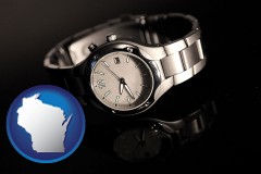 wisconsin map icon and a wristwatch on a black background, with reflection
