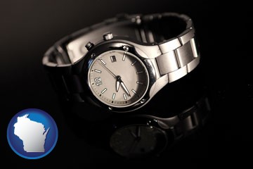 a wristwatch on a black background, with reflection - with Wisconsin icon